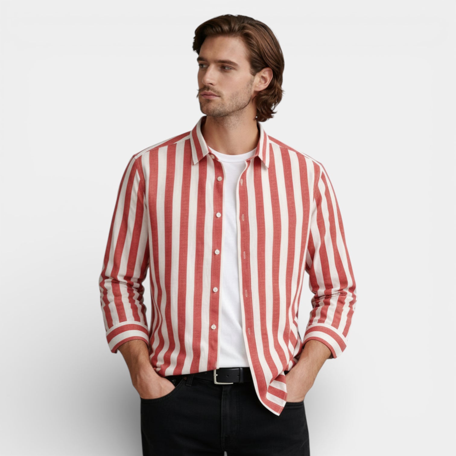 Striped Button-Up Shirt Long Sleeve Regular Fit for Men