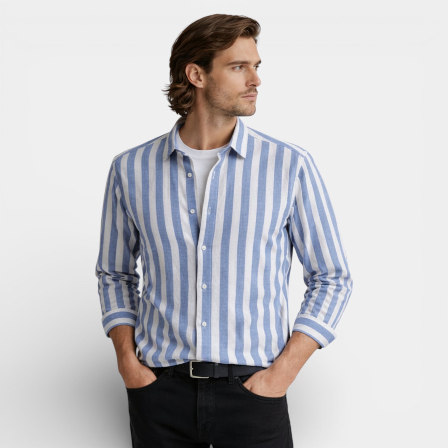 Striped Button-Up Shirt Long Sleeve Regular Fit for Men