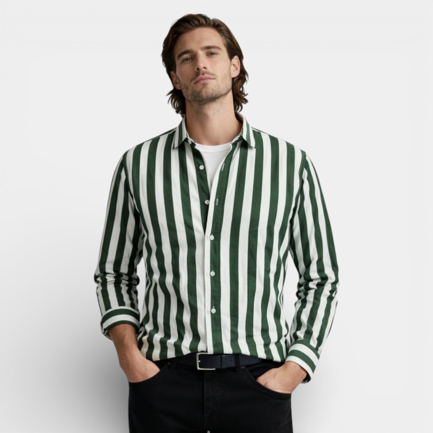Striped Button-Up Shirt Long Sleeve Regular Fit for Men
