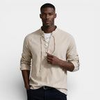 Lace-Up Band Collar Shirt Long Sleeve for Men