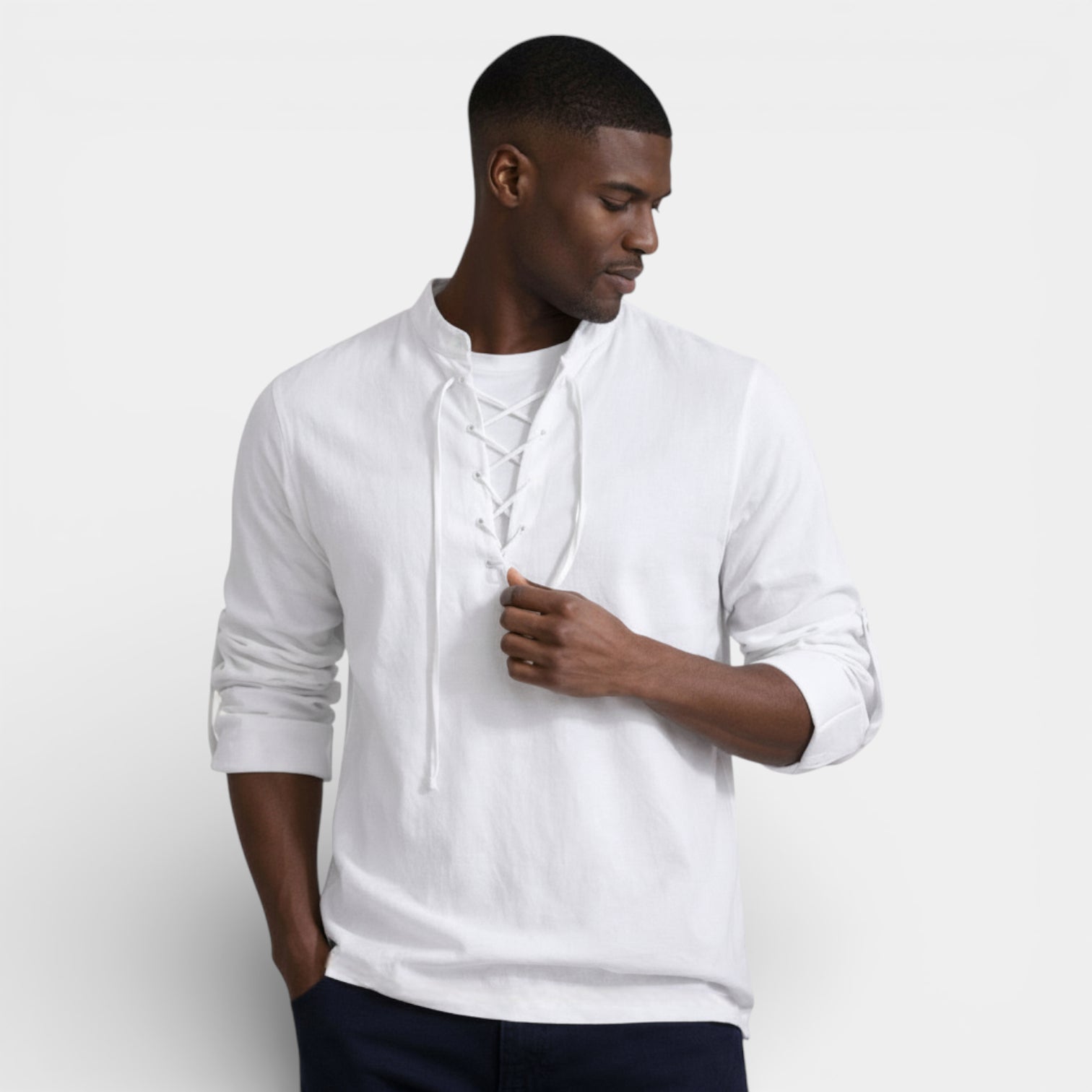 Lace-Up Band Collar Shirt Long Sleeve for Men