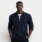 Lace-Up Band Collar Shirt Long Sleeve for Men