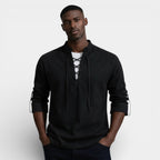 Lace-Up Band Collar Shirt Long Sleeve for Men