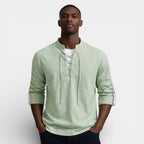 Lace-Up Band Collar Shirt Long Sleeve for Men
