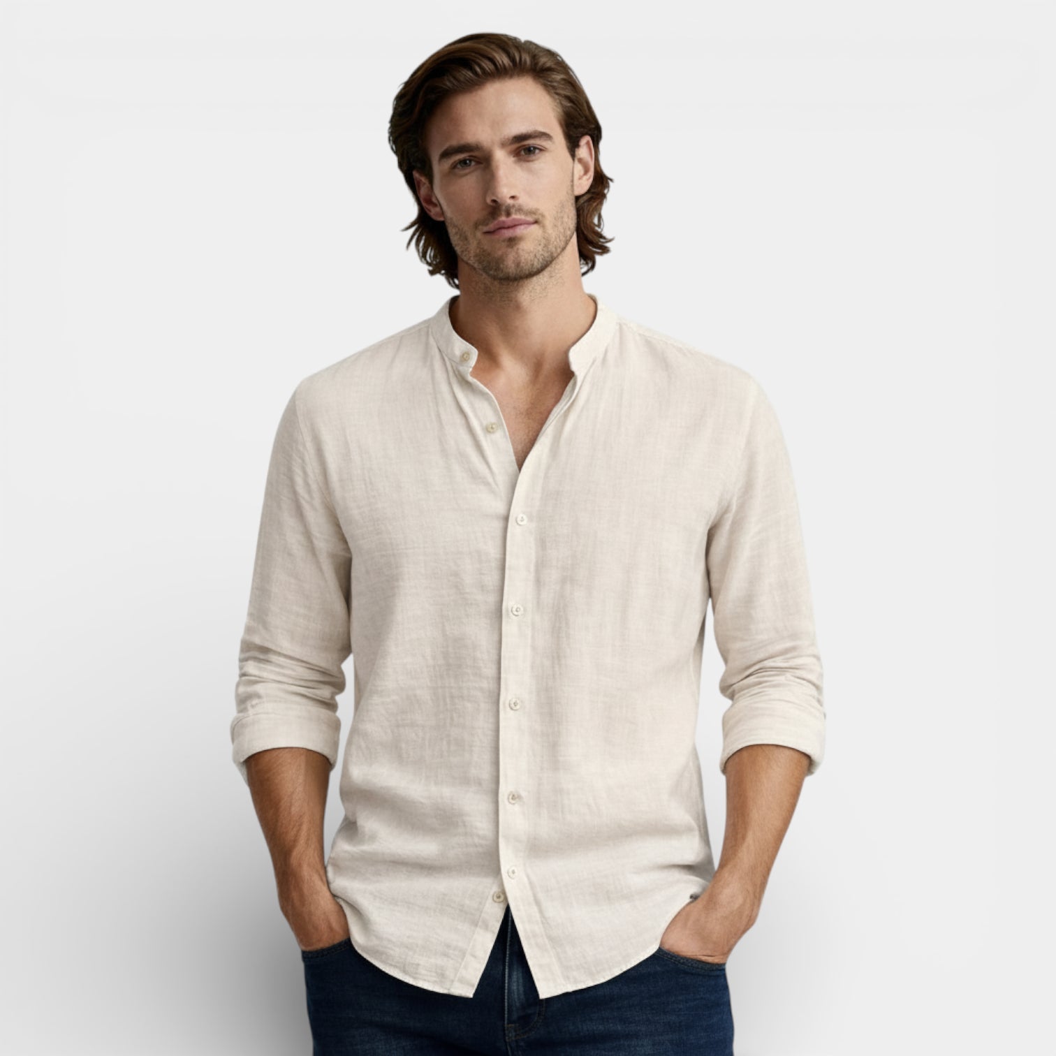 Button-Up Stand Collar Shirt Regular Fit for Men