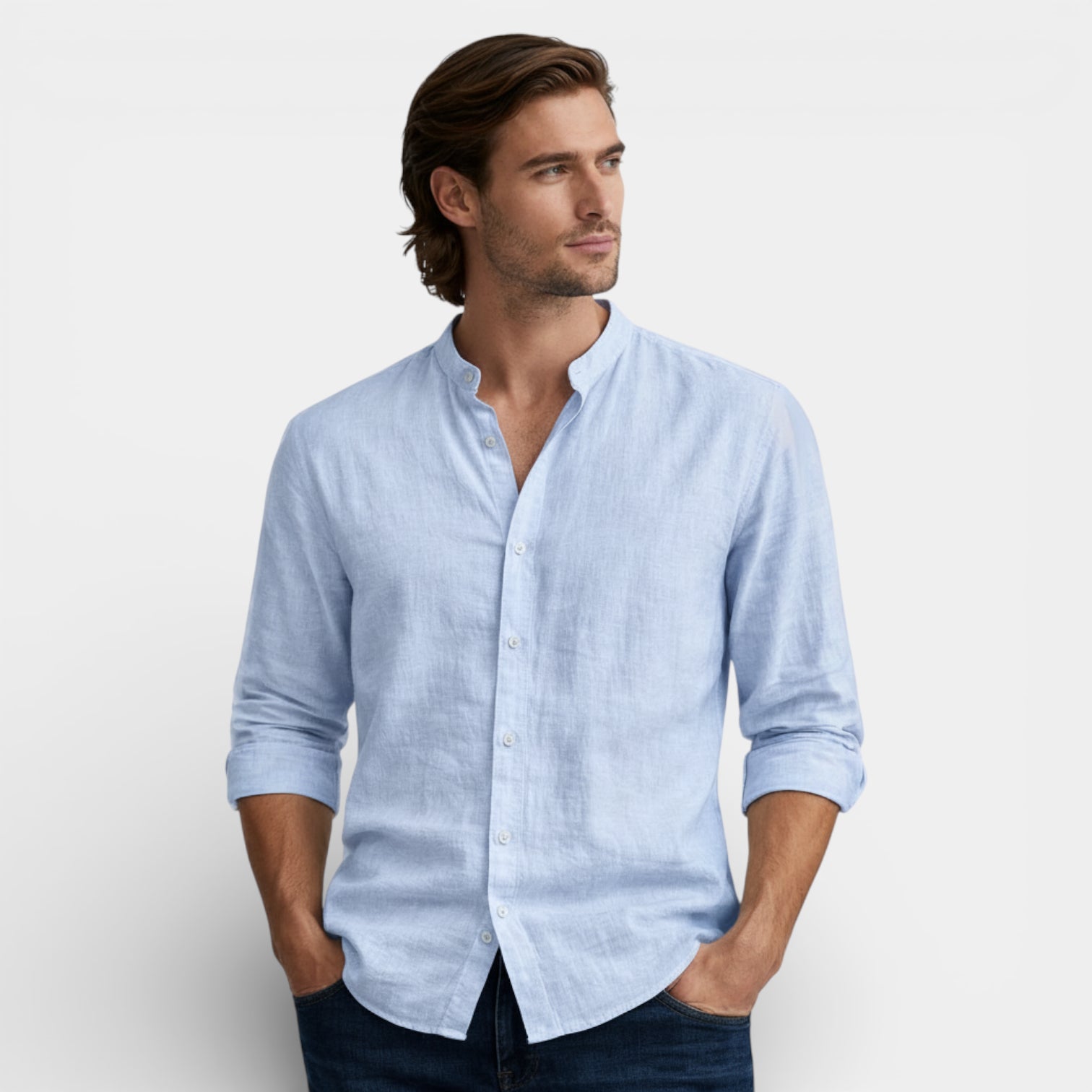 Button-Up Stand Collar Shirt Regular Fit for Men