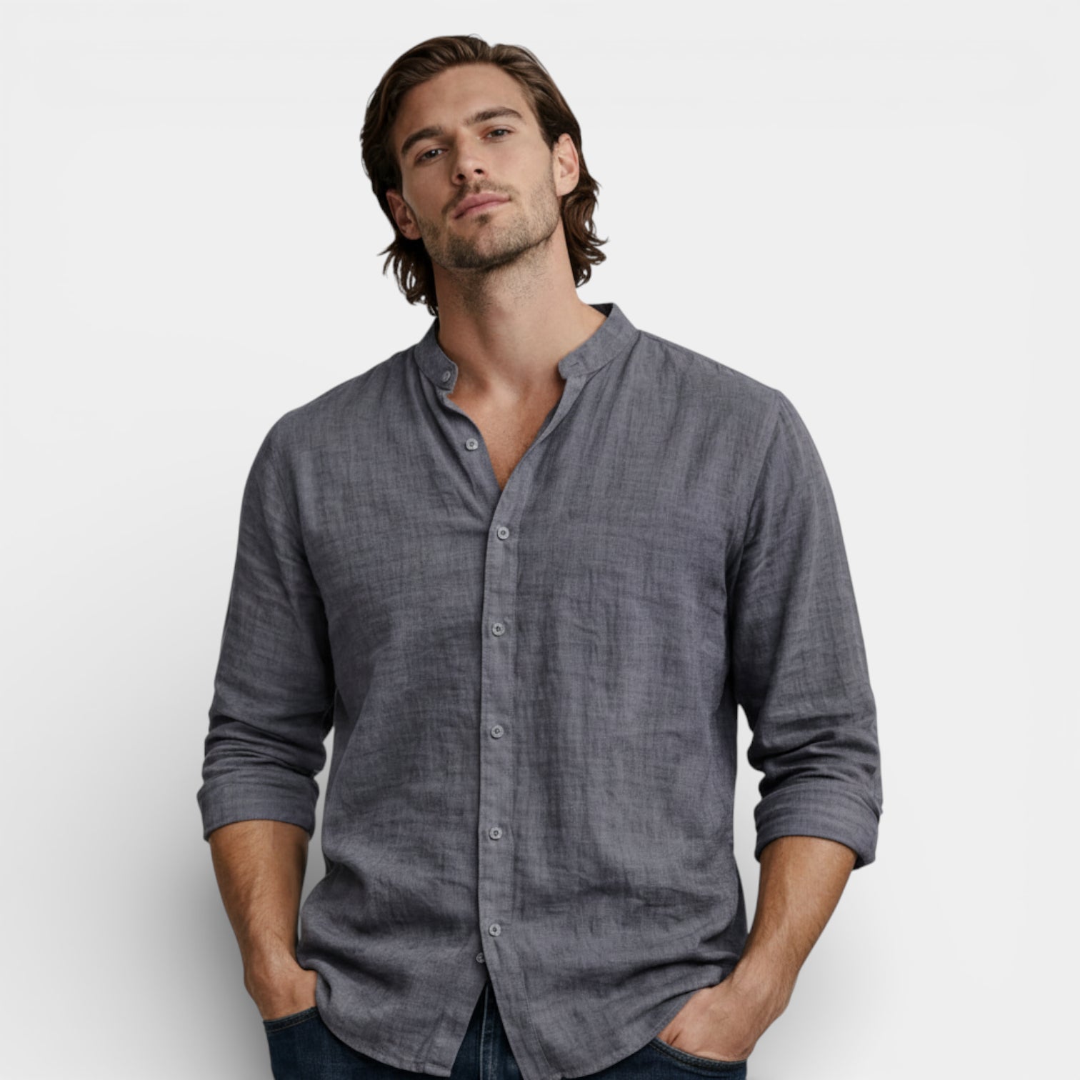 Button-Up Stand Collar Shirt Regular Fit for Men