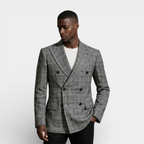 Plaid Double-Breasted Blazer Tailored Fit for Men