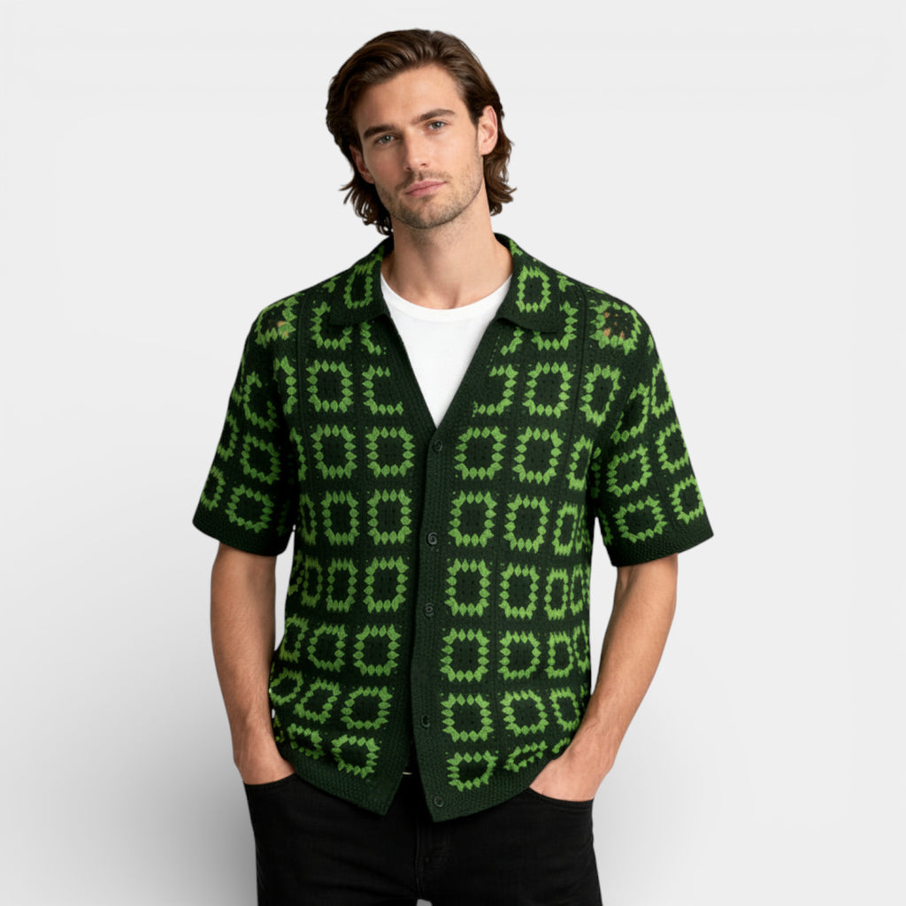 Short Sleeve Knit Shirt Square Pattern Button-Up for Men
