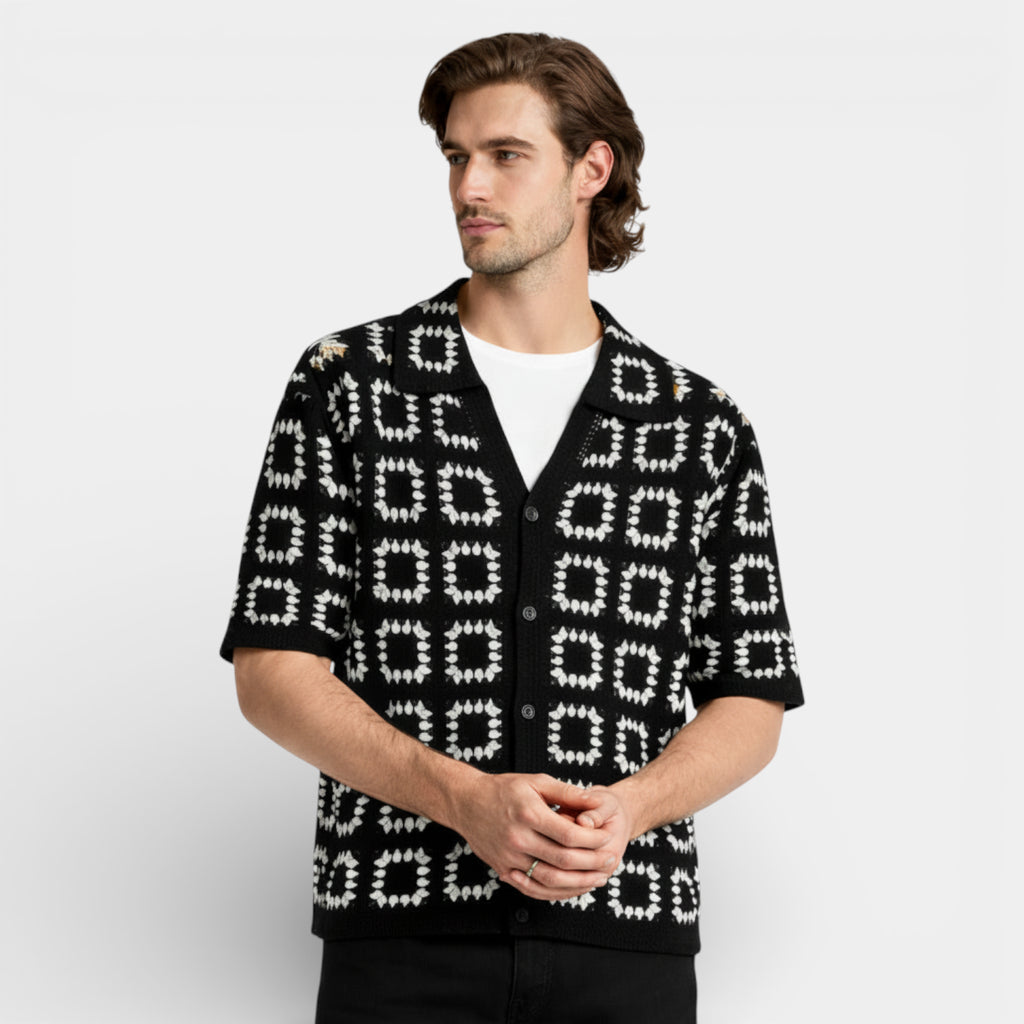 Short Sleeve Knit Shirt Square Pattern Button-Up for Men