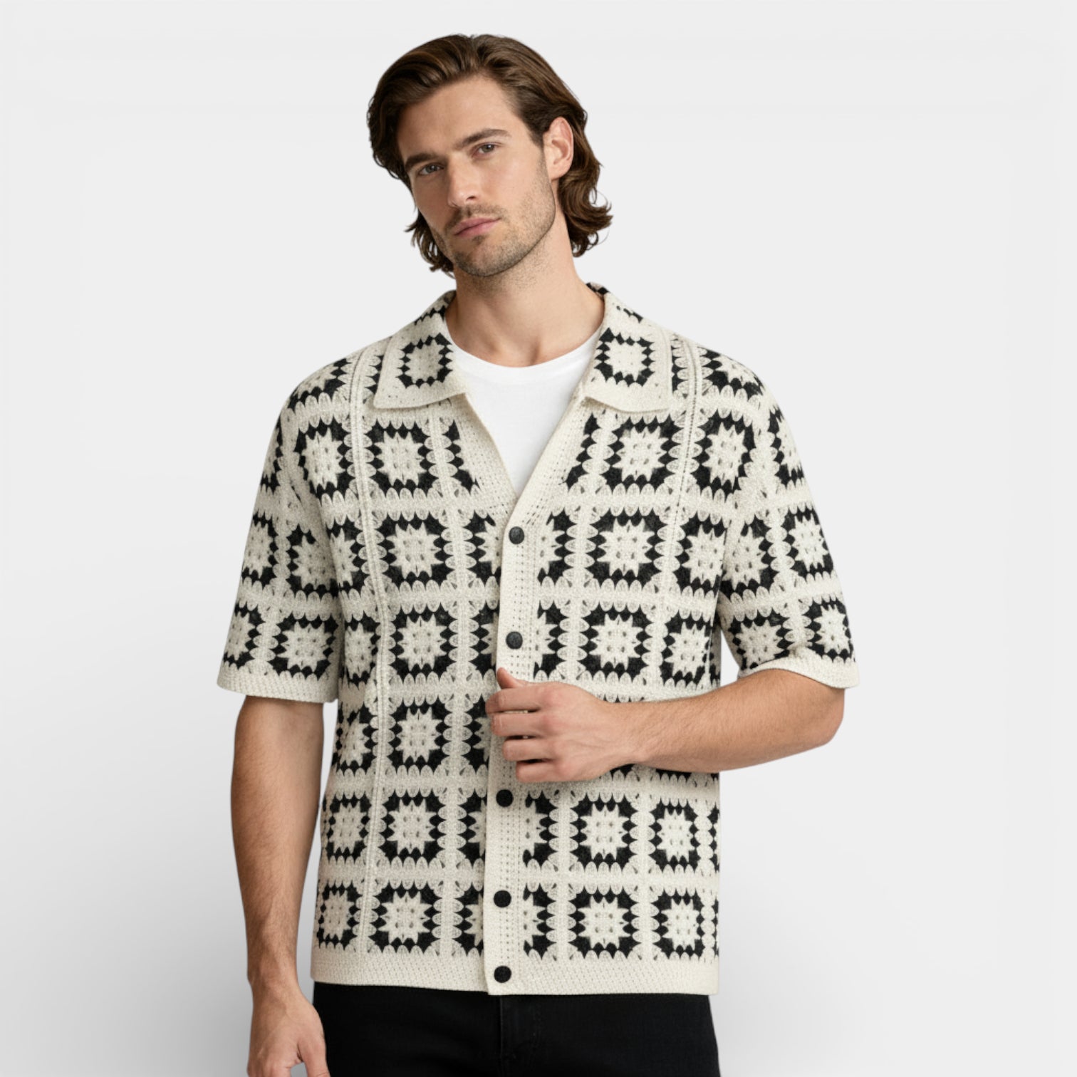 Short Sleeve Knit Shirt Square Pattern Button-Up for Men