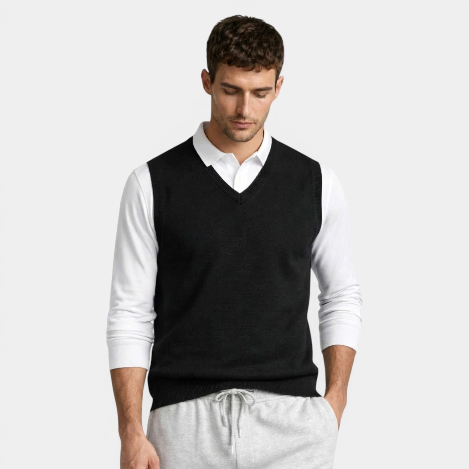 V-Neck Knit Sweater Vest Ribbed Trim Regular Fit for Men