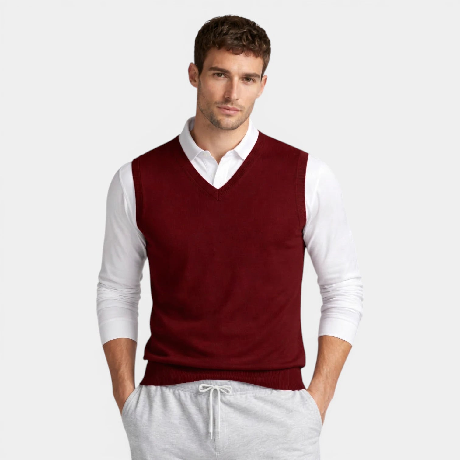 V-Neck Knit Sweater Vest Ribbed Trim Regular Fit for Men