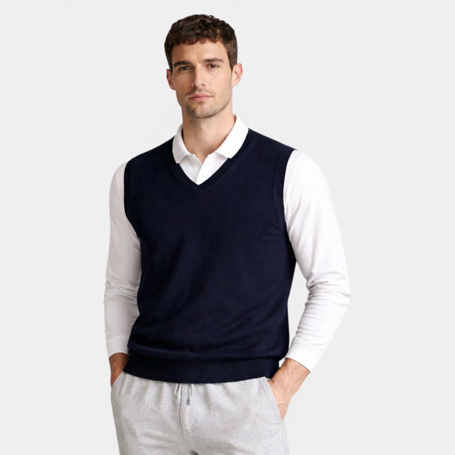 V-Neck Knit Sweater Vest Ribbed Trim Regular Fit for Men