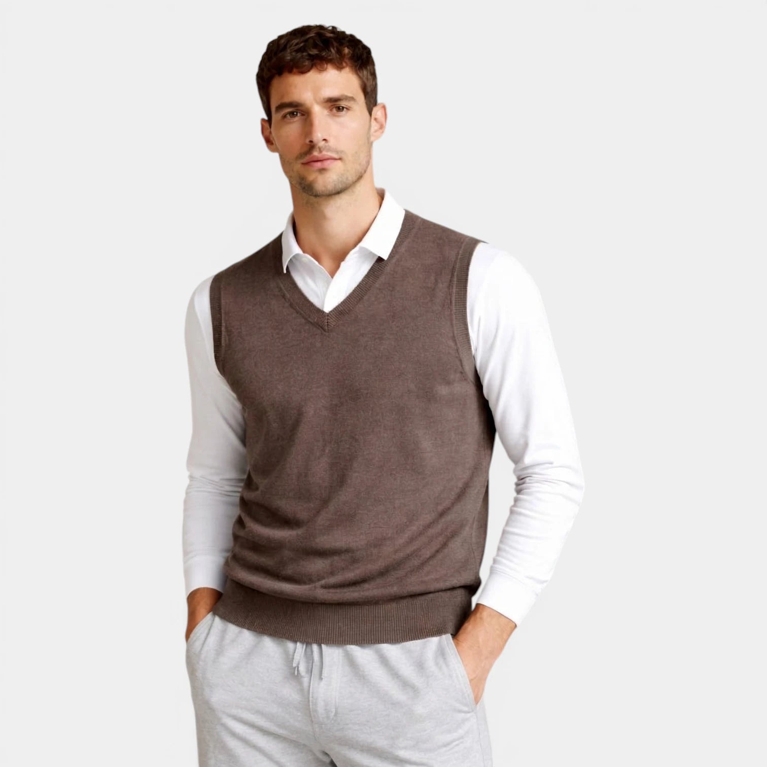 V-Neck Knit Sweater Vest Ribbed Trim Regular Fit for Men