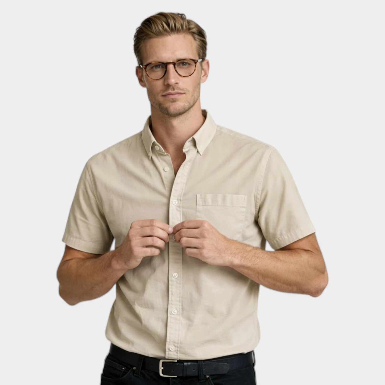 Short Sleeve Button-Up Shirt Chest Pocket for Men