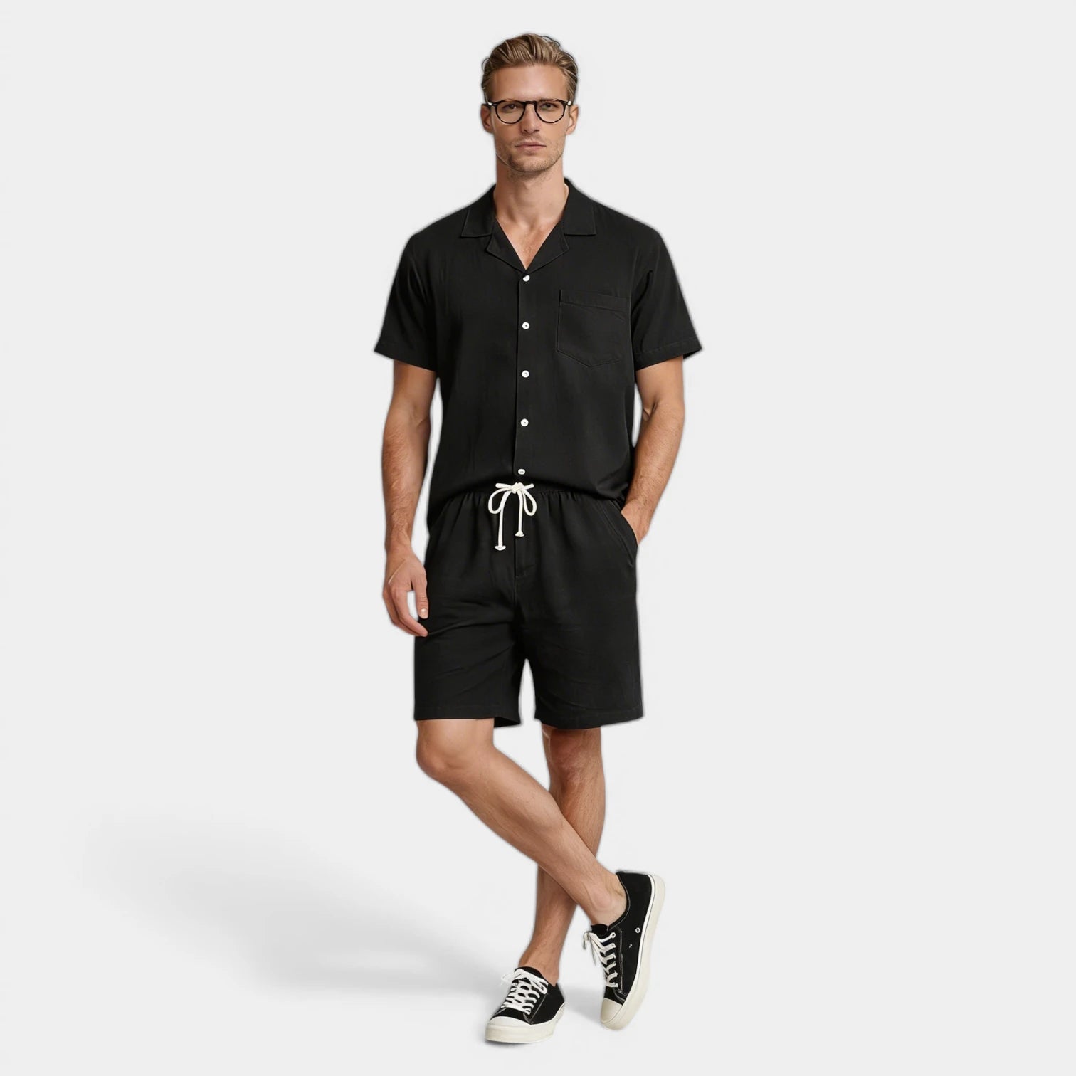 Short Sleeve Button-Up Shirt Drawstring Shorts Set for Men