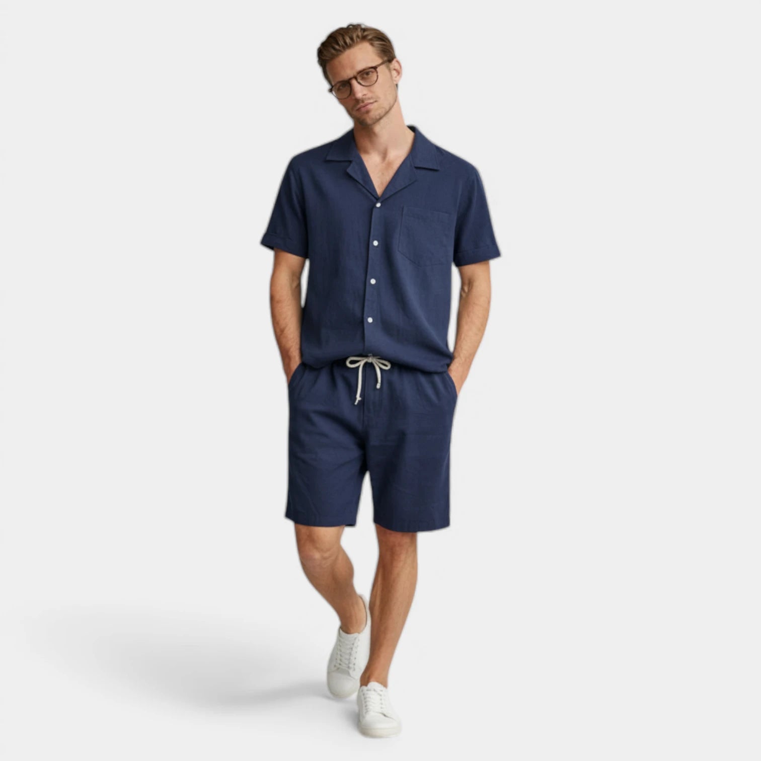 Short Sleeve Button-Up Shirt Drawstring Shorts Set for Men