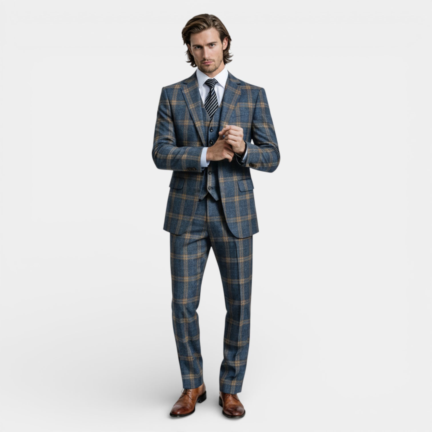 Three Piece Checked Suit Regular Fit Blazer Vest for Men