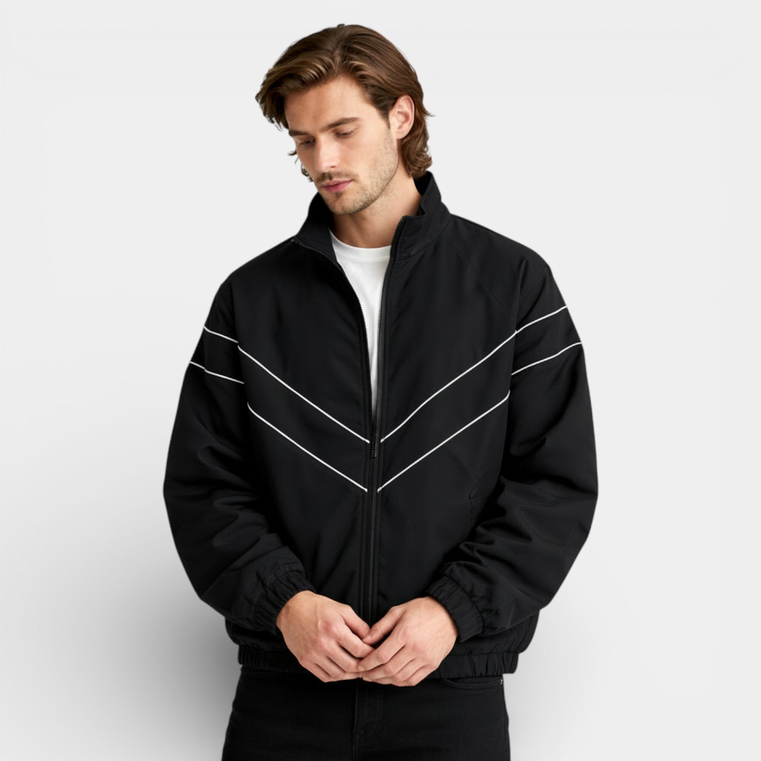 Zip-Up Track Jacket Stand Collar Regular Fit for Men