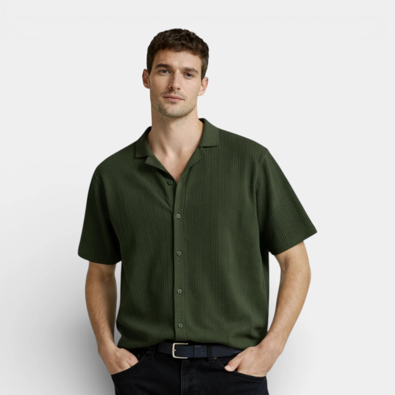 Ribbed Knit Short Sleeve Button-Up Camp Collar for Men