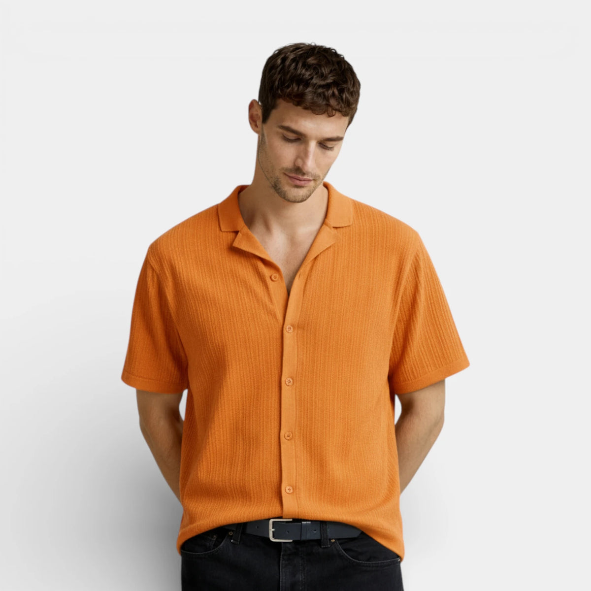 Ribbed Knit Short Sleeve Button-Up Camp Collar for Men