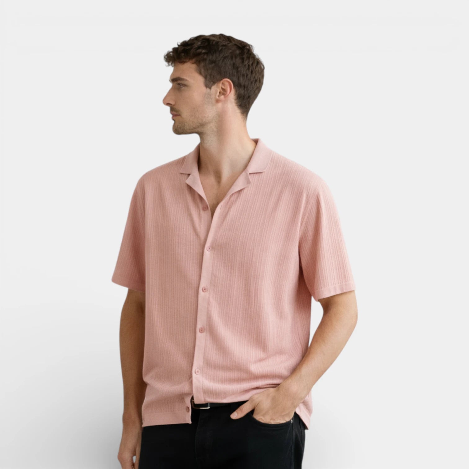 Ribbed Knit Short Sleeve Button-Up Camp Collar for Men