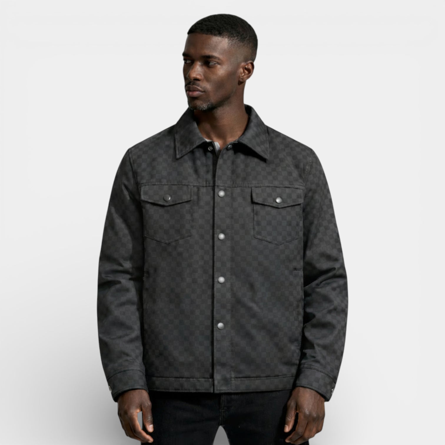 Checkered Texture Shirt Jacket Snap-Button Regular Fit for Men
