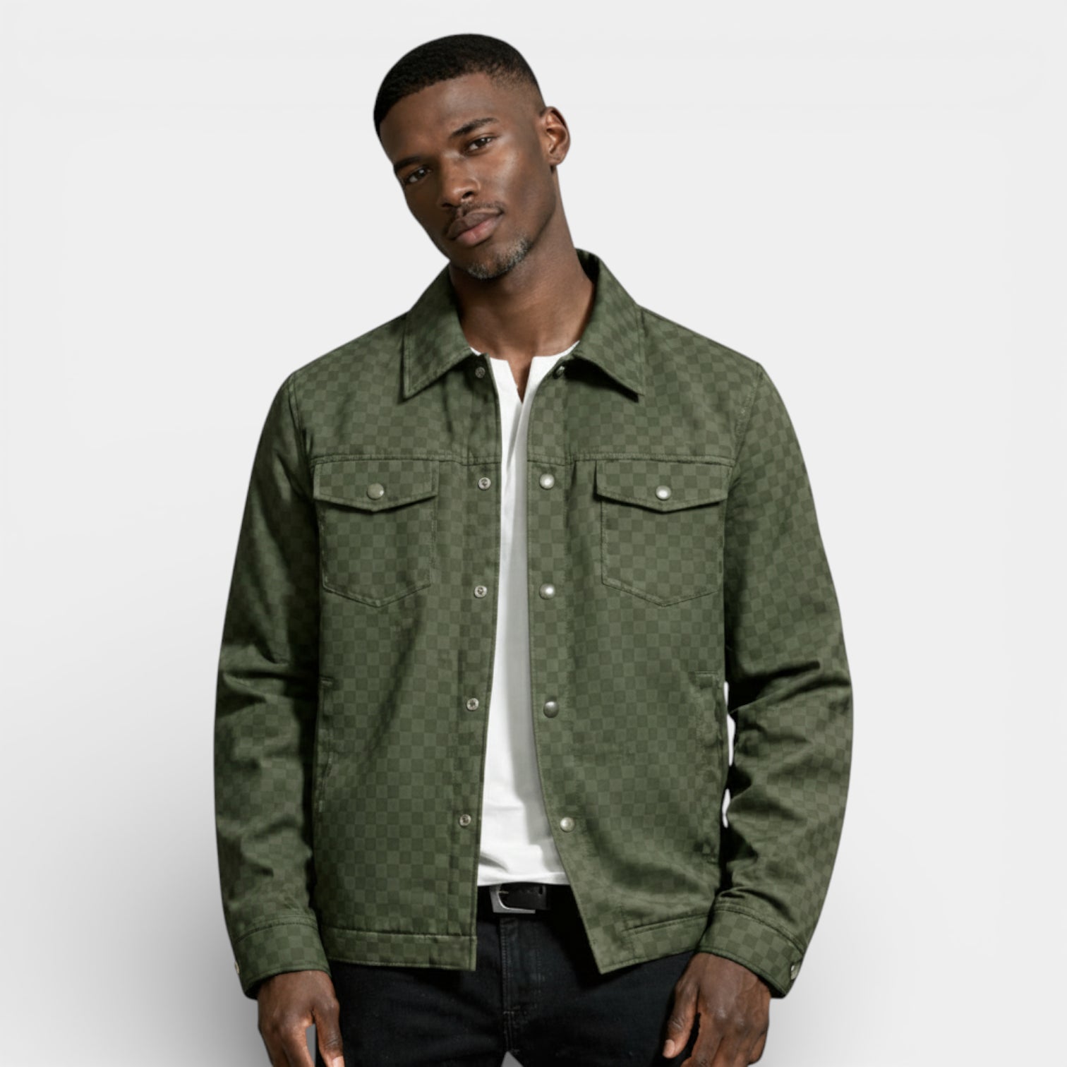 Checkered Texture Shirt Jacket Snap-Button Regular Fit for Men