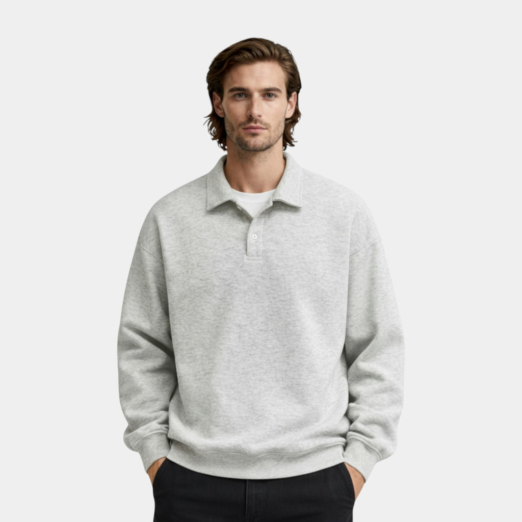 Long Sleeve Polo Pullover Ribbed Cuffs Relaxed Fit for Men