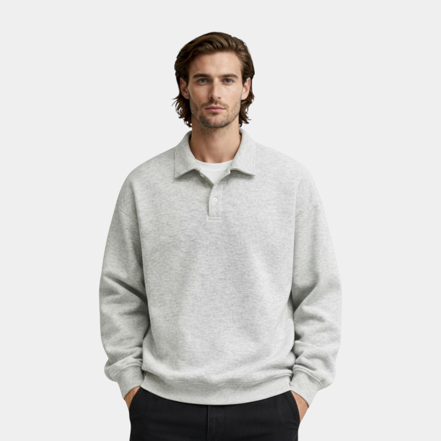 Long Sleeve Polo Pullover Ribbed Cuffs Relaxed Fit for Men