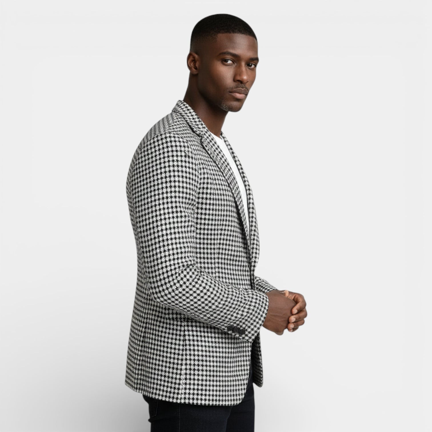 Single-Button Houndstooth Blazer Notch Lapel for Men
