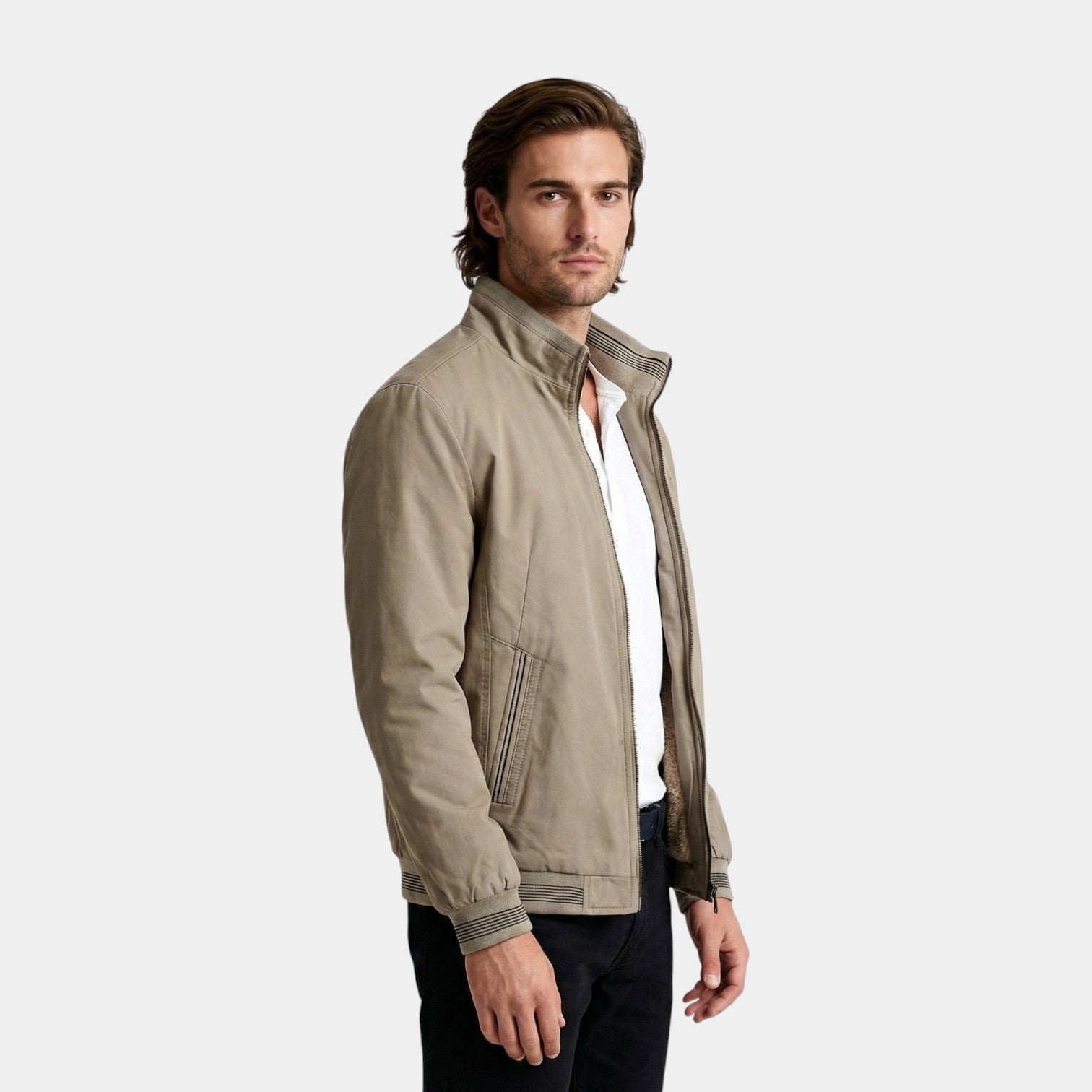 Zip-Up Stand Collar Jacket Ribbed Trim for Men