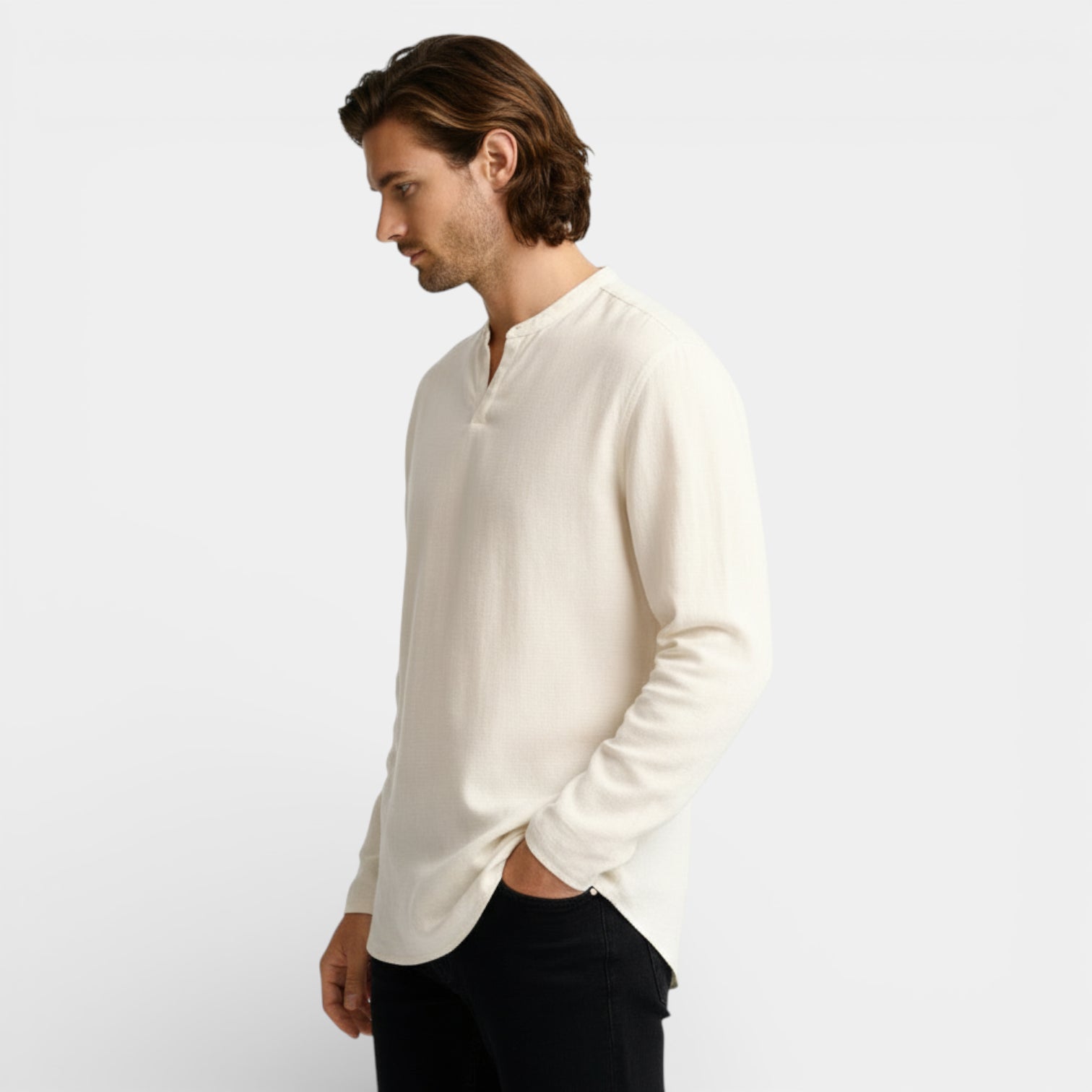 Split-Neck Pullover Shirt Long Sleeve Regular Fit for Men