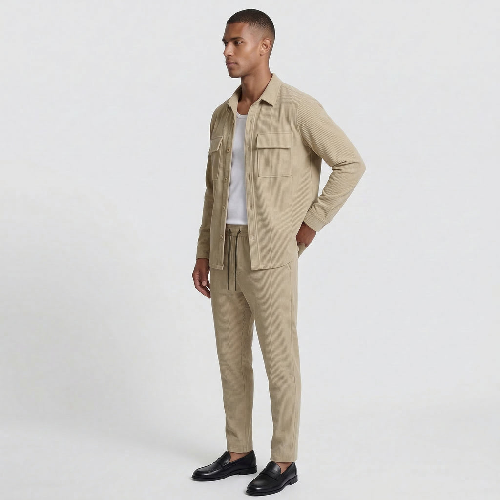 Ribbed Texture Button-Up Shirt Pants Set for Men
