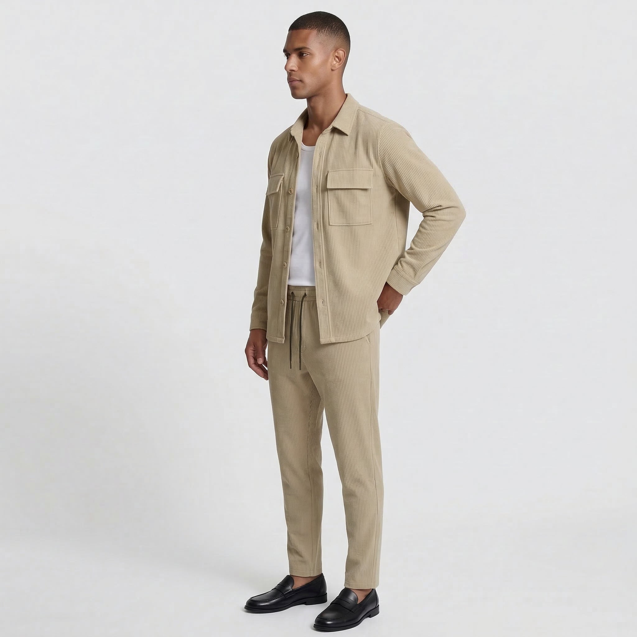 Ribbed Texture Button-Up Shirt Pants Set for Men