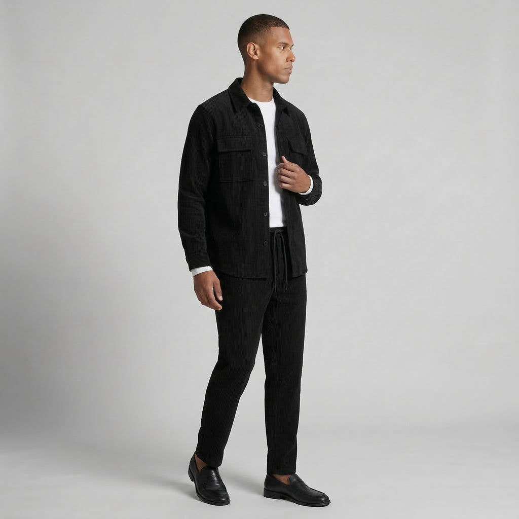Ribbed Texture Button-Up Shirt Pants Set for Men