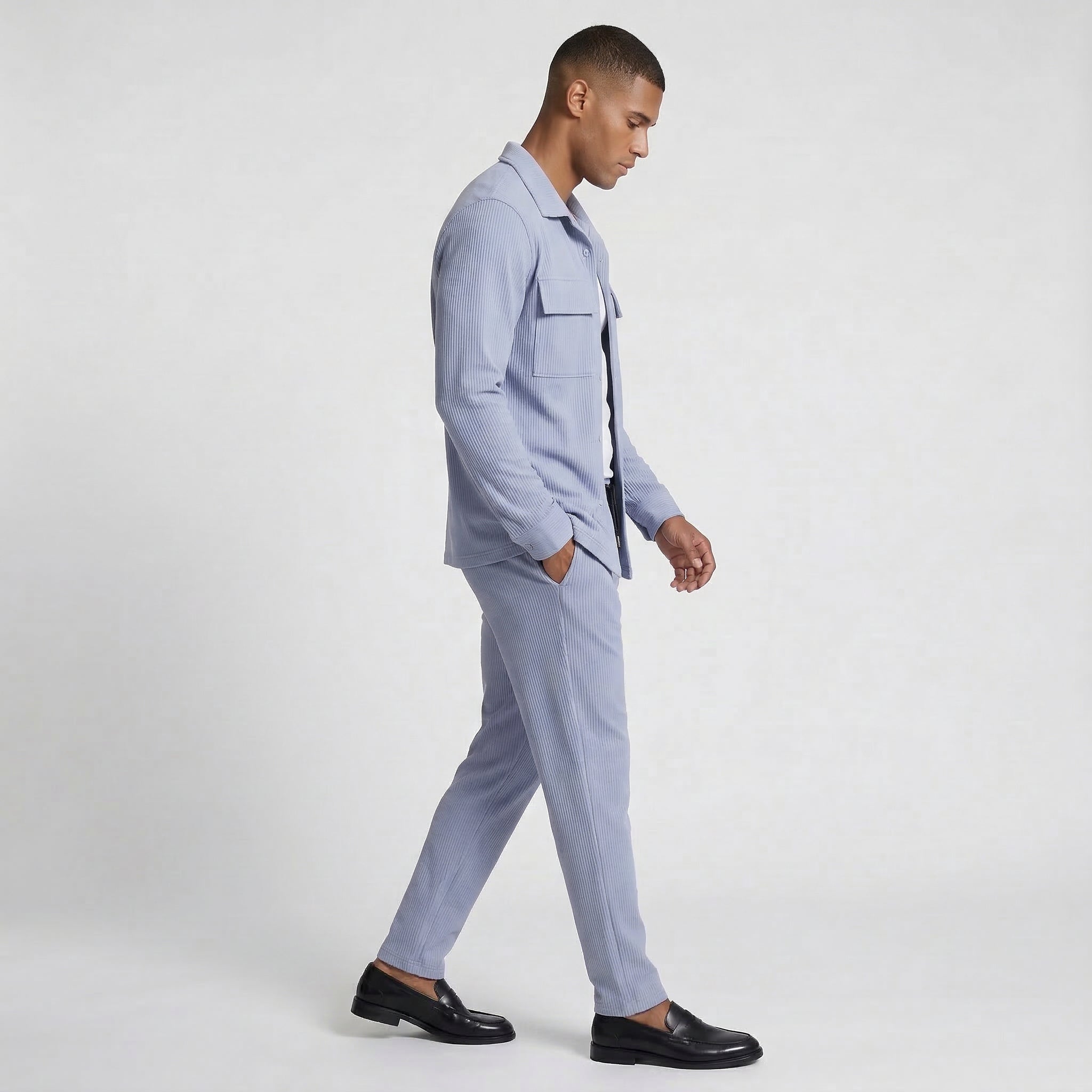 Ribbed Texture Button-Up Shirt Pants Set for Men
