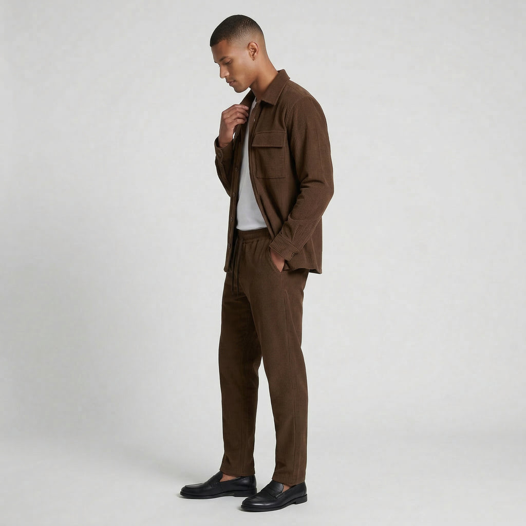 Ribbed Texture Button-Up Shirt Pants Set for Men