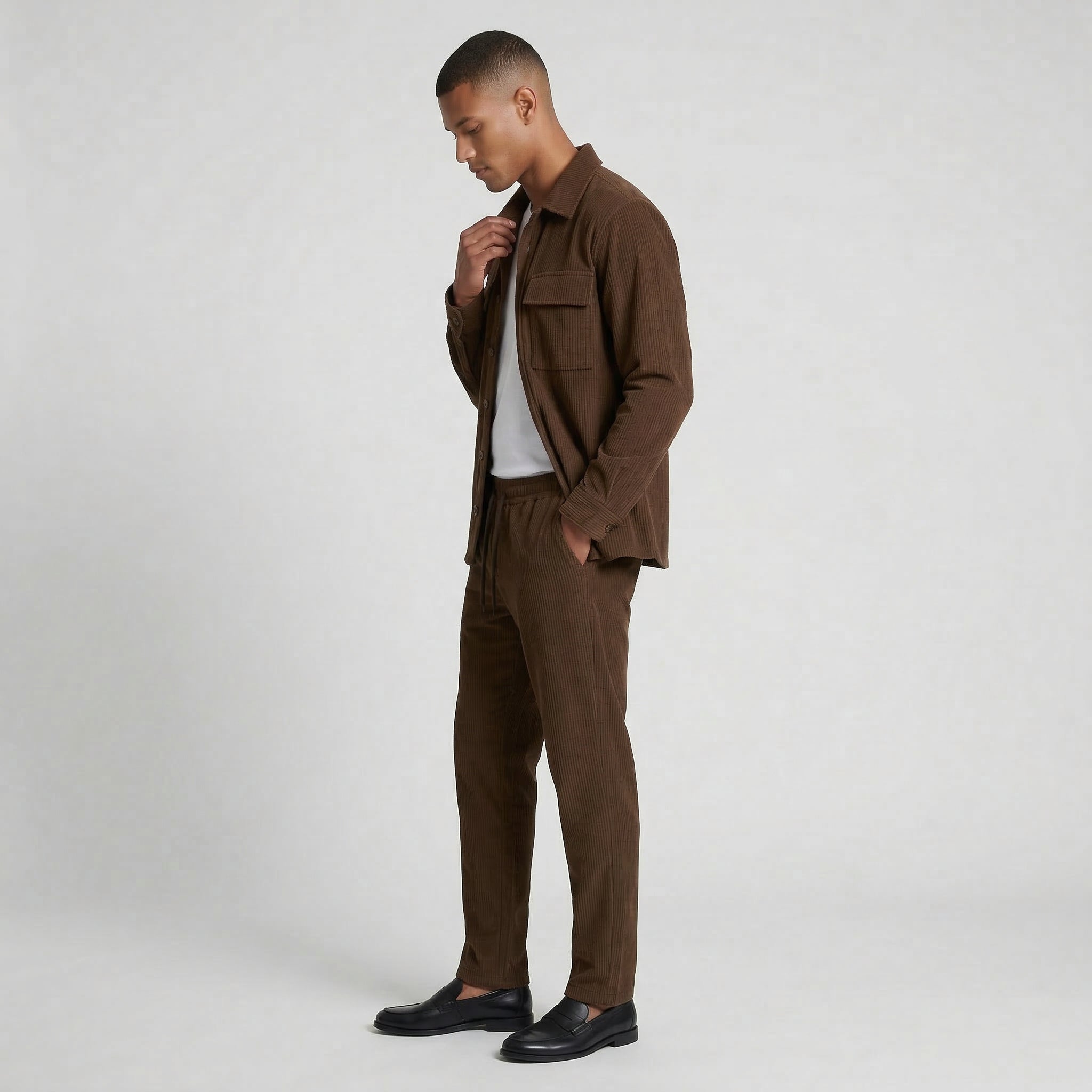 Ribbed Texture Button-Up Shirt Pants Set for Men