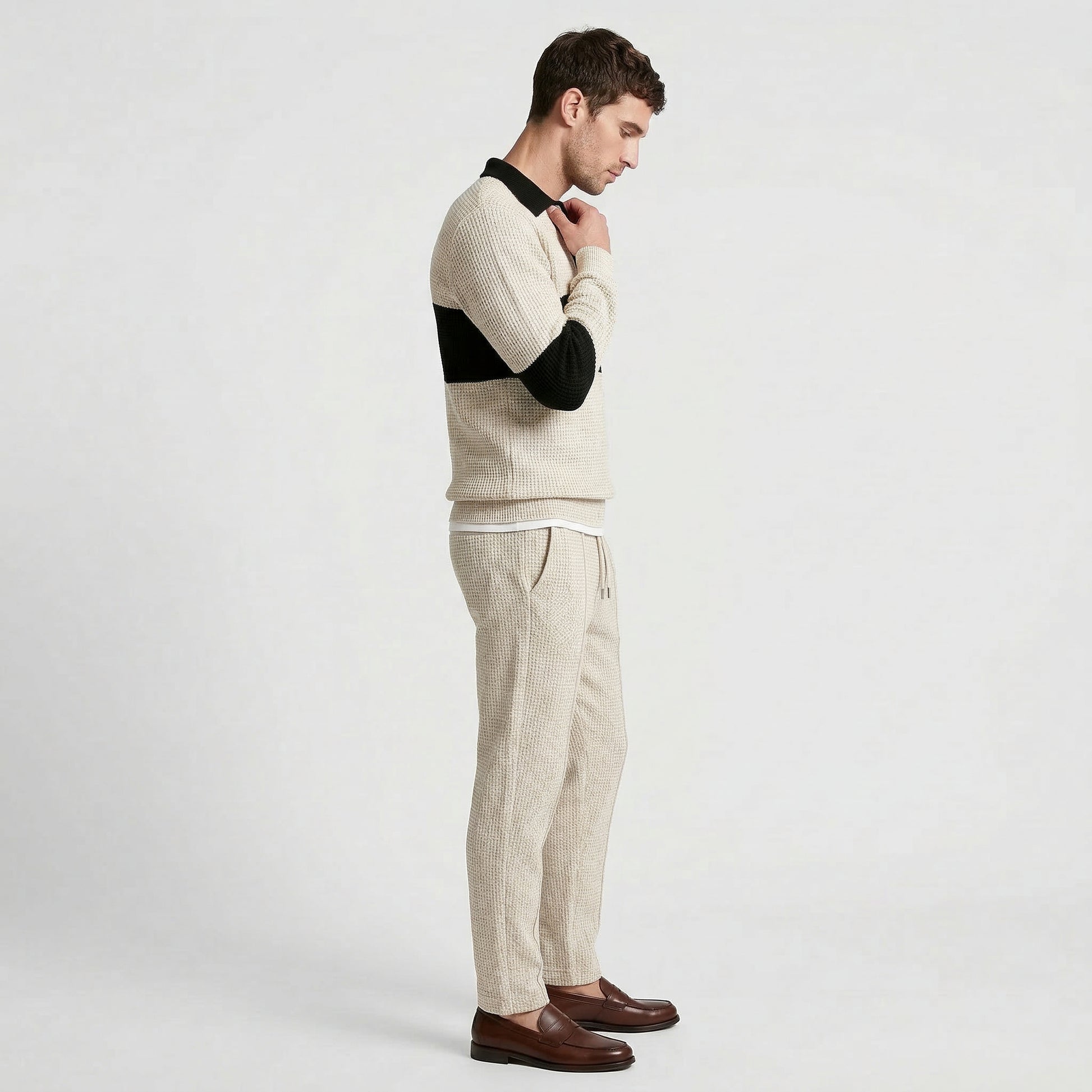 Waffle Knit Color Block Polo Sweatshirt Pants Set for Men