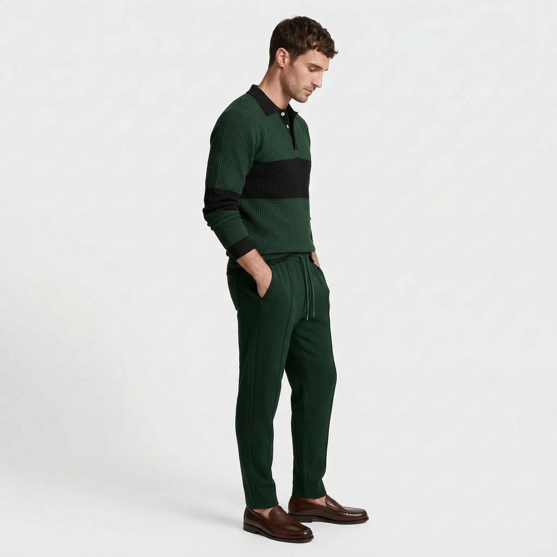 Waffle Knit Color Block Polo Sweatshirt Pants Set for Men