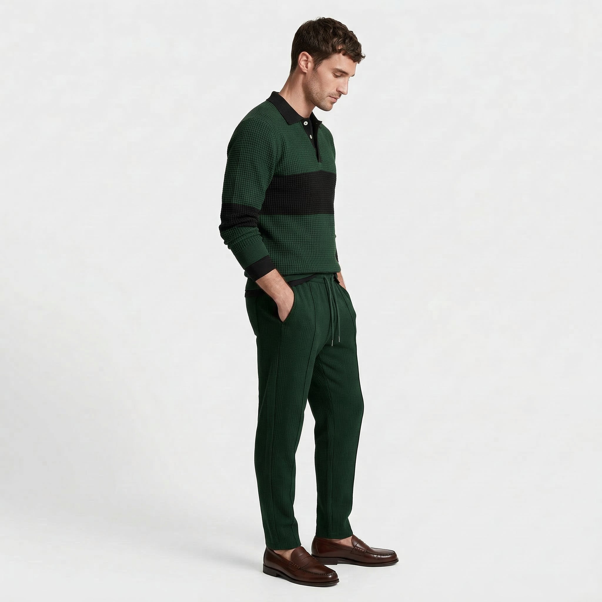 Waffle Knit Color Block Polo Sweatshirt Pants Set for Men