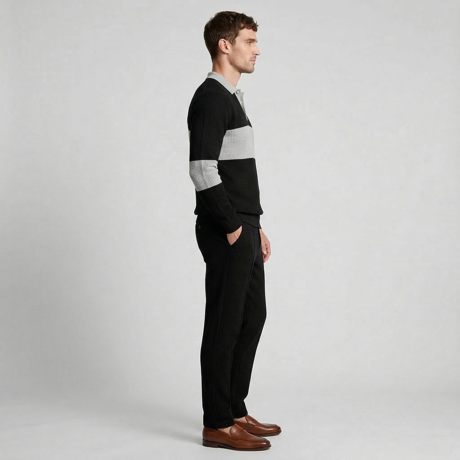 Waffle Knit Color Block Polo Sweatshirt Pants Set for Men