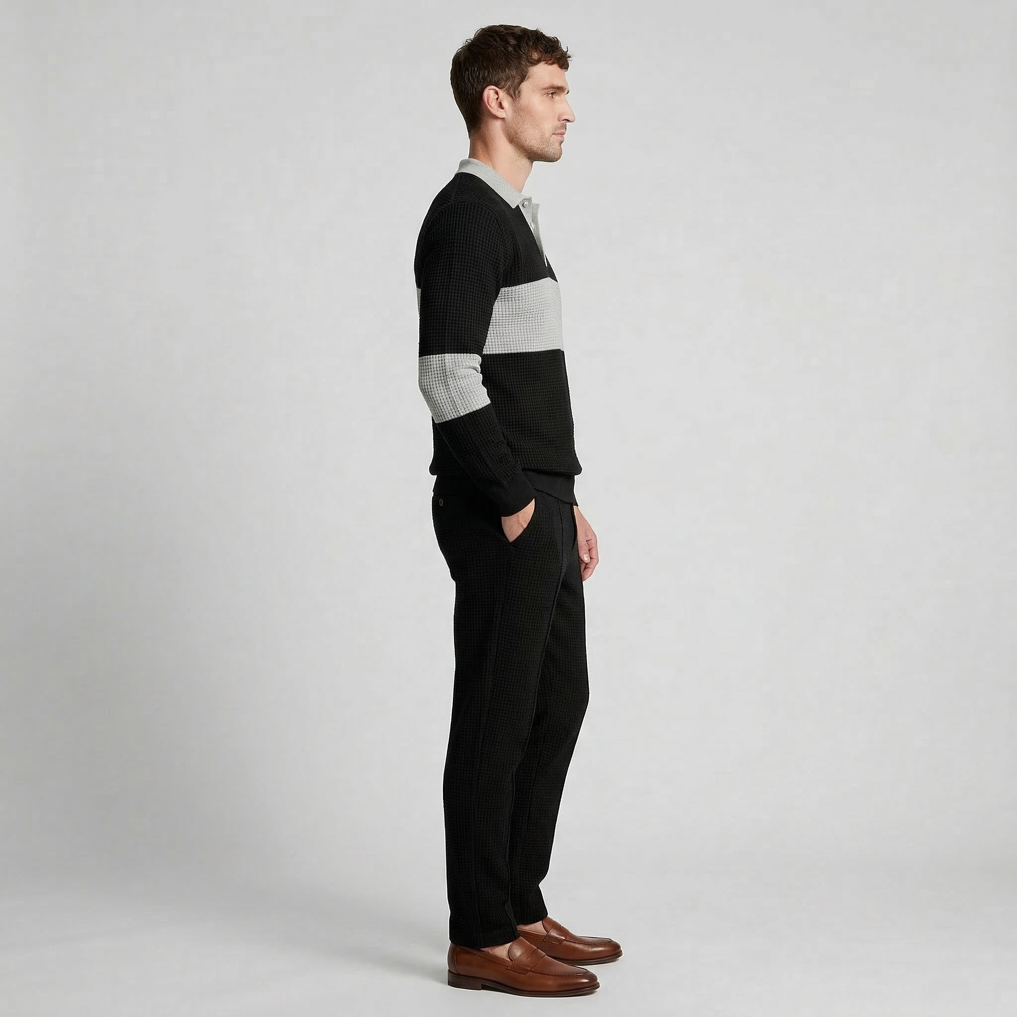 Waffle Knit Color Block Polo Sweatshirt Pants Set for Men