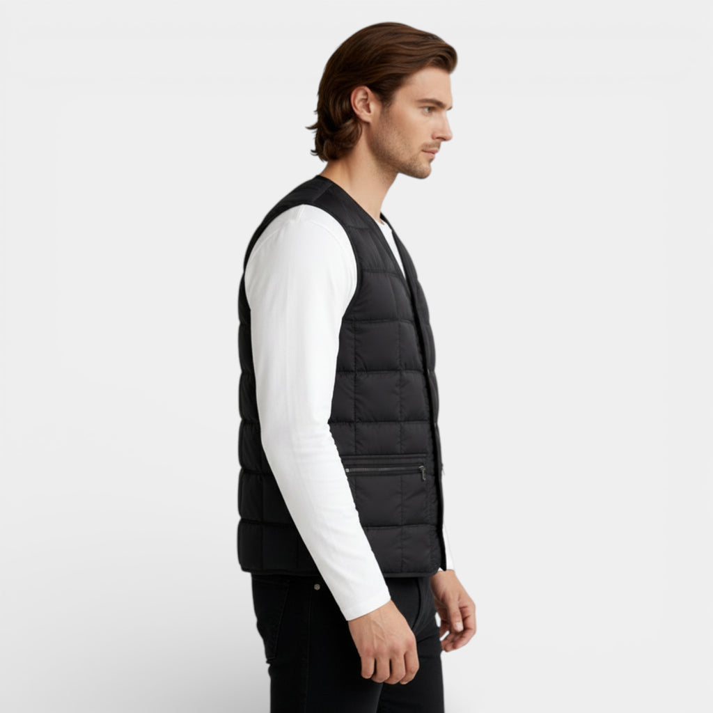 Button-Up Quilted Vest V-Neck Zip Pockets for Men