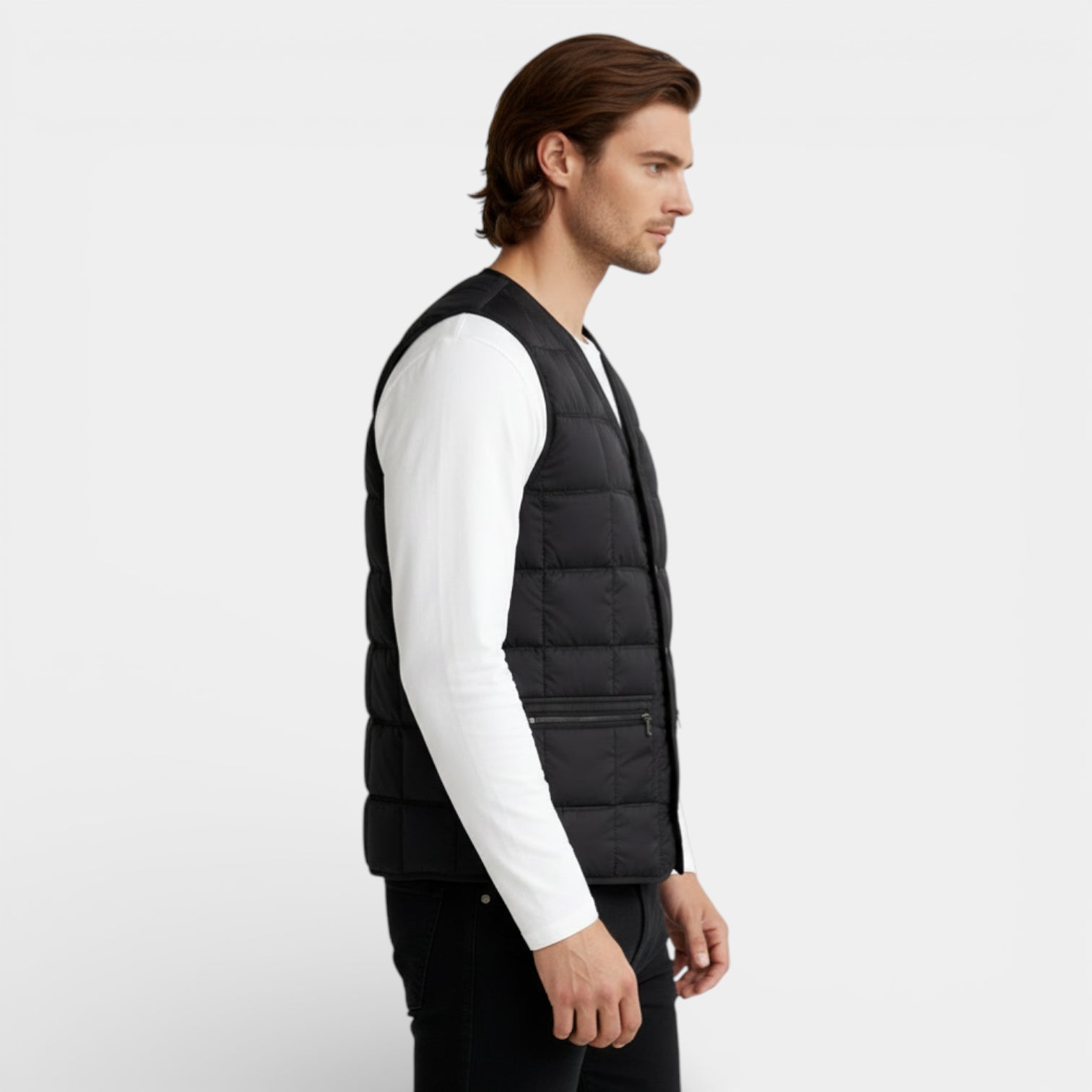 Button-Up Quilted Vest V-Neck Zip Pockets for Men
