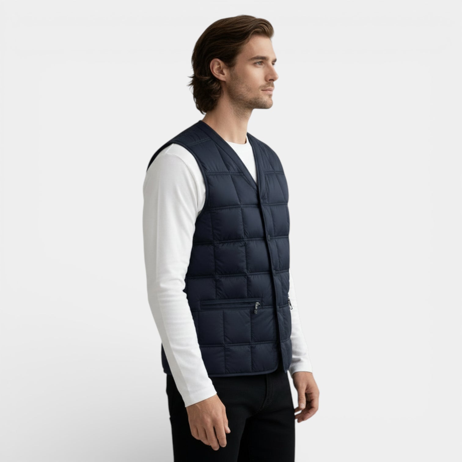 Button-Up Quilted Vest V-Neck Zip Pockets for Men