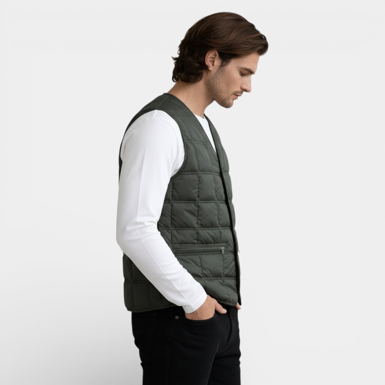 Button-Up Quilted Vest V-Neck Zip Pockets for Men