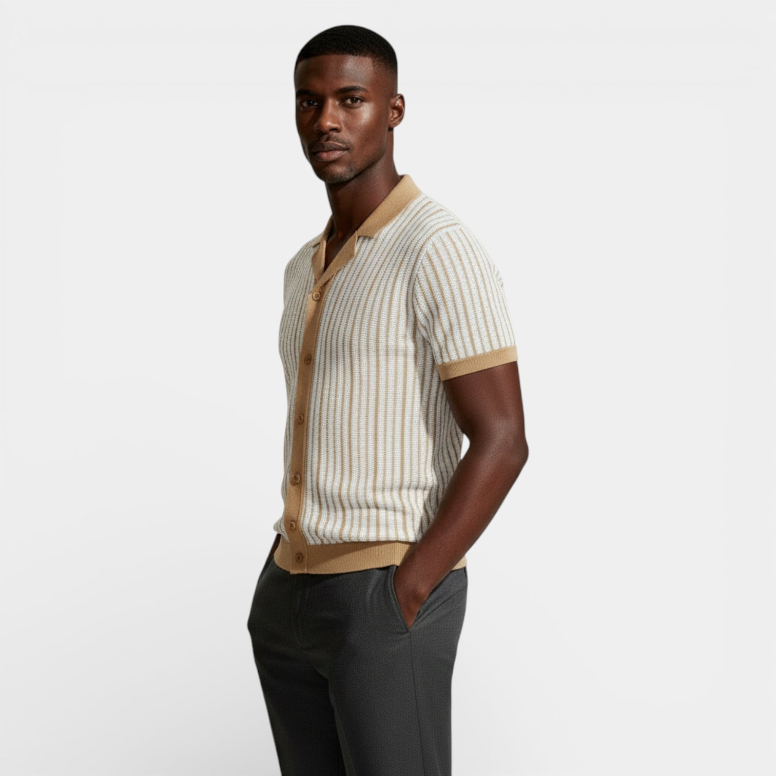 Short Sleeve Knit Polo Shirt Button-Up Regular Fit for Men